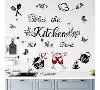 FUFUQUARE Pegatinas de Pared de Cocina Negro Bendice Esta Cocina Calcomanías de Pared Mariposa Comer Amor Bebida Cita Utensilio Arte Decoraciones para el Hogar Comedor Cafetería Restaurante
