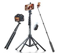 Fugetek Trípode profesional para selfie de 62 pulgadas, diseño estable de 4 patas, control remoto Bluetooth, 100% palo y patas de aluminio, ligero, portátil, todo en uno, compatible con iPhone y