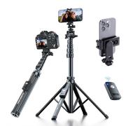 Fugetek Trípode profesional para teléfono celular de 62 pulgadas, diseño estable de 4 patas, control remoto Bluetooth, 100% palo y patas de aluminio, portátil, todo en uno, compatible con iPhone y