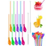 FUGLUS 10 pcs pajitas con cuchara, 2 en 1, pajitas de plástico reutilizables con 2 cepillos de limpieza, cucharas de latte macchiato, pajitas de cuchara para batidos de leche y cócteles