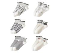 FUGLUS 6 pares de calcetines de algodón con volantes para mujer, con bonito patrón, calcetines casuales de algodón de corte bajo, Volantes blancos