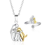 FUGLUS Collar de perro,Collar de abrazo de perro y niña, colgante de plata de ley 925 con forma de animal, para niñas, hijas, madres y amigas,Regalo para amantes de los perros