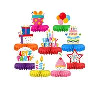 FUGLUS Happy Birthday, 9 piezas Multicolor Feliz Cumpleaños Infantil Niñas Adultos Hombre Mujer, Centros Decorativos de Mesa, Papel Panal Nido Abeja 3D, Estrella Tarta Gorro Caja Regalo Globo Vela