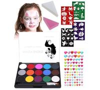 FUGLUS Kit de Pintura Corporal y Facial, 15 Colores No Tóxica con 32 Plantillas, 2 Pinceles,1 pegatina y 2 esponjas, Pintura de Cara Segura para Niños, Halloween, Fiestas, Cosplay y Semana Santa