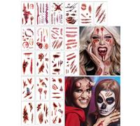 FUGLUS Tatuajes Temporales de Cicatriz,20 Hojas Tatuaje Falso de Herida a Prueba Agua,Halloween Zombie Cicatrices Tatuajes Pegatinas con Efectos de Sangre Falsa,para Halloween,Carnaval,Mascarada