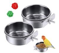 Fuhesgu 2 Pcs Comedero Pajaros Jaula 9.9 cm Bebedero de Acero Inoxidable Comedero Loro Acero Plato Metalico Pajaros con Pinza Segura para Interior y Exterior para Canario Loro Periquito + 2 Bolas