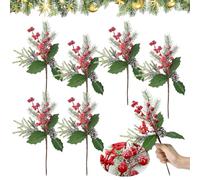 Fuhesgu 6 Pcs Ramas Bayas Navidad 33~35cm Bayas Rojas Artificiales Ramas de Pino Artificial con Bayas Ramas Artificiales y Piñas Decorativas para Regalo Navideño Guirnaldas de Navidad Decoraciones
