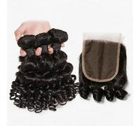FUIBEJAE 10A Cabello Virgen Rizado y Elástico 3 Paquetes con Cierre de Encaje 4X4 Cabello Humano Brasileño No Procesado de Doble Hebra Extensiones de Cabello Corto Rizado,12 12 12+10closure