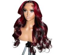 FUIBEJAE 1b/99J Vino Rojo 13X4 HD Peluca Frontal de Encaje de Cabello Humano con Onda Profunda, Densidad 150%, Peluca Brasileña Virgen Ondulada y Húmeda, Onda Piña para Mujeres,150%,26inch