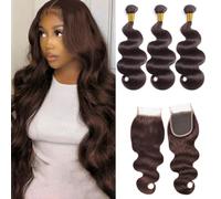 FUIBEJAE #2 Paquetes de Cabello Humano Ondulado Suelto Marrón Chocolate Profundo 3 Paquetes con Cierre de Encaje Cabello Brasileño Virgen Ondulado Suelto Paquetes de Cabello Humano,16 18 20+16closure