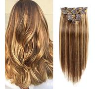 FUIBEJAE # 4/27 Extensiones de cabello Clip en cabello humano Color piano 7Pcs Remy Hair Silky Straight 16Clips Extensiones de cabello natural real Un paquete para uso diario de,24"(60cm) 100g