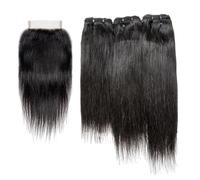 FUIBEJAE 8A Cabello Lacio 3 Paquetes con Cierre de Encaje 4X4 Paquetes de Cabello Humano Doble Selección Extensiones de Humano Brasileño Largo y Lacio sin Procesar Cabeza Completa,10 12+10(4x4)