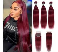 FUIBEJAE #99J Hueso Recto Cabello Humano Paquetes Sueltos Vino Profundo Rojo Liso 3Paquetes Cabello Remy Brasileño 4X4 Parte Libre Cierre de Encaje para Mujeres Negras,18 20 22+18 inch
