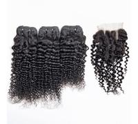 FUIBEJAE Cabello Brasileño Rizado Kinky 3 Paquetes con Cierre de Encaje 4X4 Paquetes de Cabello Humano Doble Selección Extensiones de Tejido Rizado Corto Cabello Humano Brasileño,14 16+14(4x4)