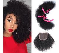 FUIBEJAE Cabello Humano Brasileño Afro Rizado Kinky 3 Paquetes con Cierre de Encaje Extensiones de Cabello Corto Rizado Ondulado Cabello Virgen Sin Procesar para Mujeres Negras,8 10 12 +8inch
