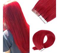 FUIBEJAE Cinta en extensiones de cabello humano Cinta invisible en extensiones de cabello real humano sedosa recta para mujeres 20 piezas/paquete, #BUG burdeos,16inch