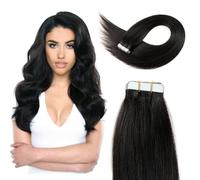 FUIBEJAE Cinta en extensiones de cabello humano negro sedoso recto cinta adhesiva en cabello humano Remy cinta adhesiva para mujeres 20 piezas 50G,28inch