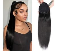 FUIBEJAE Extensión De Coleta, Extensión De Coleta Humana Lisa Con Cordón, Coleta Larga Rizada Con Clip, Pieza De Cabello Para Mujeres Negras