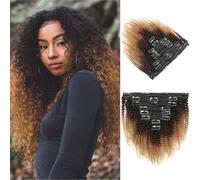 FUIBEJAE Extensiones de cabello con clip, 8 piezas 20 clips Afro Kinky Rizado cabello humano real Remy Rizado, extensión con clip invisible con puntas gruesas para mujeres, T1B/4/27,10inch