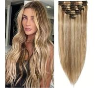 FUIBEJAE Extensiones de Cabello con Clip de Cabello Humano Real Extensiones de Cabello Invisibles con Clip 8 Piezas Para Todo el Cabello Remy Liso que Se Puede Teñir para Mujeres,#12p613,8inch