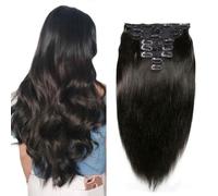 FUIBEJAE Extensiones de cabello con clip para mujeres, extensiones de cabello humano sin costuras rectas negras, juego de 8 piezas de 18 clips, postizos invisibles con cinta adhesiva,24inch(61cm)