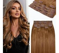 FUIBEJAE Extensiones de cabello con clips, 6 piezas 16 clips castaño, liso, cabello humano real Remy rizado, extensiones con clip invisibles con puntas gruesas para mujeres y niñas,24inch
