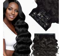 FUIBEJAE Extensiones de cabello con clips, 7 piezas 16 clips ondulado corporal negro cabello humano real Remy rizado, extensión con clip invisible con puntas gruesas para mujeres,Body wave,16inch