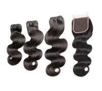 FUIBEJAE Extensiones de cabello humano brasileño ondulado con cuerpo, rizado, 3 paquetes con cierre de encaje 4X4, cabello humano doblemente seleccionado, tejido corto rizado,10 12+10(4x4)