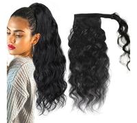 FUIBEJAE Extensiones de cabello humano con coleta de onda natural para mujeres negras, extensión de coleta de cabello brasileño Remy, cuerpo ondulado, pegamento mágico envolvente con clip,20inch