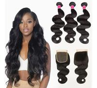 FUIBEJAE Extensiones de cabello humano ondulado con corpo rizado, 3 paquetes con cierre de encaje 4X4, cabello humano doblemente seleccionado,largo rizado, brasileño sin procesar,8 10 12+8closure