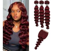 FUIBEJAE Extensiones sueltas de onda profunda color burdeos con cierre, cabello humano 99J rojo, paquetes de cabello humano con cierre de encaje, virgen de grado para mujeres negras,14 16 18+14 inch