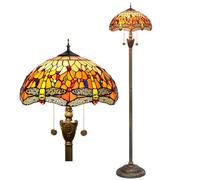 FUIBEJAE Lámpara de pie Tiffany 16" 2 luces Libélula vintage Creatividad hecha a mano Pantalla de vidriera Base de hierro antiguo Luz de pie para sala de estar dormitorio Lámpara decorativa,Naranja