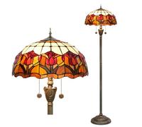FUIBEJAE Lámpara de pie Tiffany de 16" Tulipán vintage de 2 luces Creatividad hecha a mano Pantalla de vidriera Base de hierro antiguo Luz de pie para sala de estar Dormitorio Lámpara decorativa,Rojo