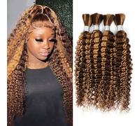 FUIBEJAE P4/27# Cabello humano trenzado para trenzas boho Piano Color Onda profunda Cabello humano a granel para trenzar Sin tira Paquetes de cabello rizado Extensiones,4bundles,28inch