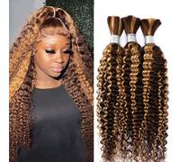 FUIBEJAE P4/27# Cabello humano trenzado para trenzas boho Piano Color Onda profunda Cabello humano a granel para trenzar Sin tira Paquetes de cabello rizado Extensiones,3bundles,22inch