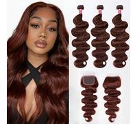 FUIBEJAE Paquetes de Cabello Humano Ondulado Cuerpo 3 Paquetes con Cierre de Encaje Cabello Humano Brasileño Virgen Ondulado Cuerpo Paquetes de Cabello para Mujeres Negras, #33,16 18 20+16closure