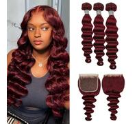 FUIBEJAE Paquetes de cabello humano ondulado profundo suelto, 3 paquetes con cierre de encaje de parte libre 4X4, cabello virgen brasileño rizado ondulado para mujeres, #99J,14 16 18+14free