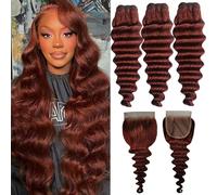 FUIBEJAE Paquetes de cabello humano ondulado suelto profundo #33 castaño rojizo, 3 paquetes con cierre de encaje, cabello virgen brasileño ondulado suelto profundo, para mujeres,14 16 18+14closure