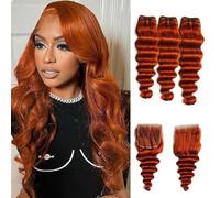FUIBEJAE Paquetes de cabello humano suelto ondulado profundo color jengibre 3 paquetes con cierre de encaje de parte libre 4X4 Paquetes virgen rizado brasileño Cabello para mujeres,14 16 18+14free