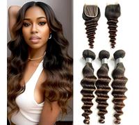 FUIBEJAE Paquetes de cabello humano T1b/2/4 con ondas sueltas profundas, 3 paquetes con cierre de encaje 4x4 con parte libre, cabello virgen brasileño con ondas sueltas profundas,14 16 18+14free