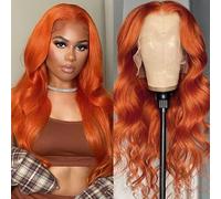 FUIBEJAE Peluca frontal de encaje 13X4 HD Body Wave rizada de cabello humano, densidad 150%, peluca brasileña virgen ondulada mojada, onda piña para mujeres negras, jengibre,16inch