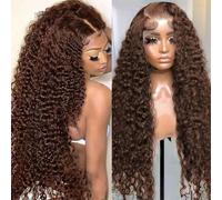 FUIBEJAE Peluca Frontal de Encaje HD 13X4 Chocolate Marrón, Cabello Humano Ondulado Profundo, Densidad 150%, Virgen Brasileña, Ondas Húmedas Tipo Piña para Mujeres Negras,14INCH
