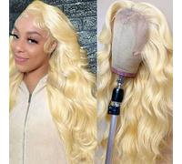 FUIBEJAE Peluca frontal de encaje rizado y ondulado suelta HD 13X4 rubia, cabello humano, densidad 150%, peluca virgen brasileña ondulada mojada, onda piña para mujeres negras, #613,16inch