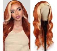 FUIBEJAE Pelucas Frontales de Encaje 13X4 HD con Onda en el Cuerpo de Cabello Humano, 150% de Densidad, Peluca Brasileña Virgen Ondulada Húmeda, Onda Piña para Mujeres, Mechas de Cúrcuma 613#,28inch