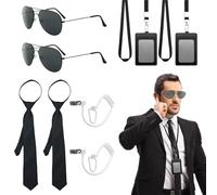 FUIPVGI 10 Piezas Accesorios para Agentes, Juego de Accesorios para Disfraz de Chófer Guardia de Seguridad, con Gafas de Sol, Corbata, Tarjetero, Tubo para Auriculares, para Carnaval, Halloween(Negro)