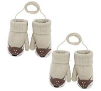 FUIPVGI 2 Pares Manoplas de Punto de Invierno para Bebés, Lindos Guantes con Forro Polar Cálido de Zorro con Forro Peludo para Colgar en el Cuello para Niñas y Niños de 1 a 3 Años (Caqui)