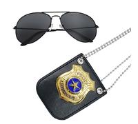 FUIPVGI 2 Piezas Accesorios Disfraz Policia, Disfraz de Policía, Placa de policía, Gafas de Sol Policía Juguete Kit para Niños Halloween Fiesta Carnaval Juego de Roles Accesorios(Oro)