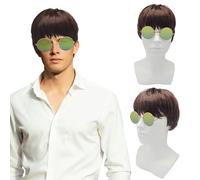 FUIPVGI 2 Piezas Pelucas Britpop y Gafas de Montura Redonda, Accesorio para Peluca Masculina, Peluca de Película de Personajes de Los Años 90, Pelucas de Disfraz de Los Años 60 (Marrón) (Marrón)
