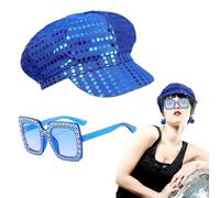 FUIPVGI 2 Piezas Sombrero de Discoteca Azul De los Años 70, Accesorios Discoteca Mujeres, Sombrero de Lentejuelas para Adultos, Anteojos de Sol, Lentejuelas Boina Mujer, para Carnaval Fiesta