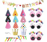 FUIPVGI 25 PCS Sombreros Cono Fiesta de Cumpleaños Pancartas Feliz Cumpleaños, Sombrero de Corona Gafas de Fiesta Sopladores de Fiesta Niños Adultos para Cumpleaños Fiesta Navidad Fiesta (oro)